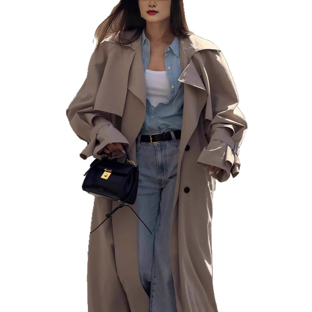 Women's Long Khaki Belted Cape Trench Coat