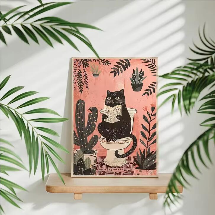 Funny Black Cat Reading Poster Printed Canvas Decorative Painting On Toilet