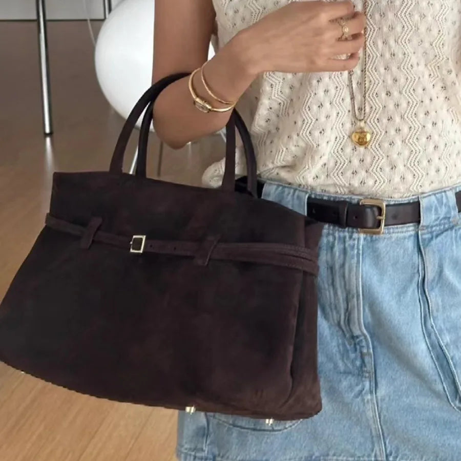 New matte suede belt buckle portable tote bag